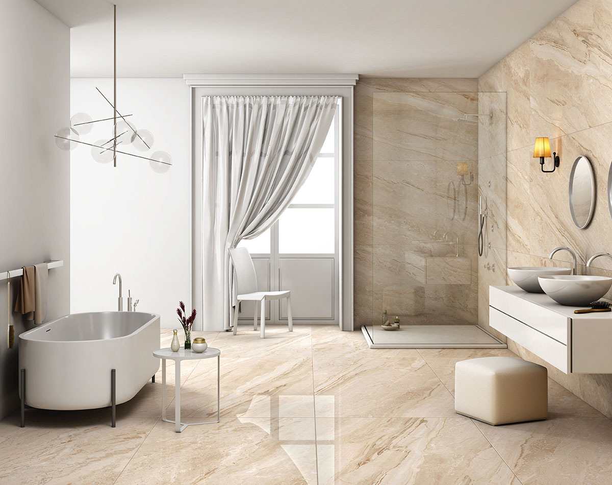 Versatile tile suitable for bedroom, kitchen, bathroom, and outdoor spaces, offering a blend of style and durability for any interior design